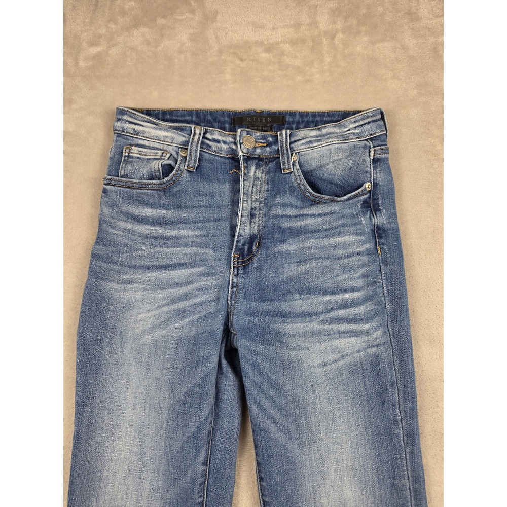 Risen Flare Jeans Womens 28/7 Blue High Rise Raw Hem Stretch Boho Bell RDP1292 - Picture 3 of 12